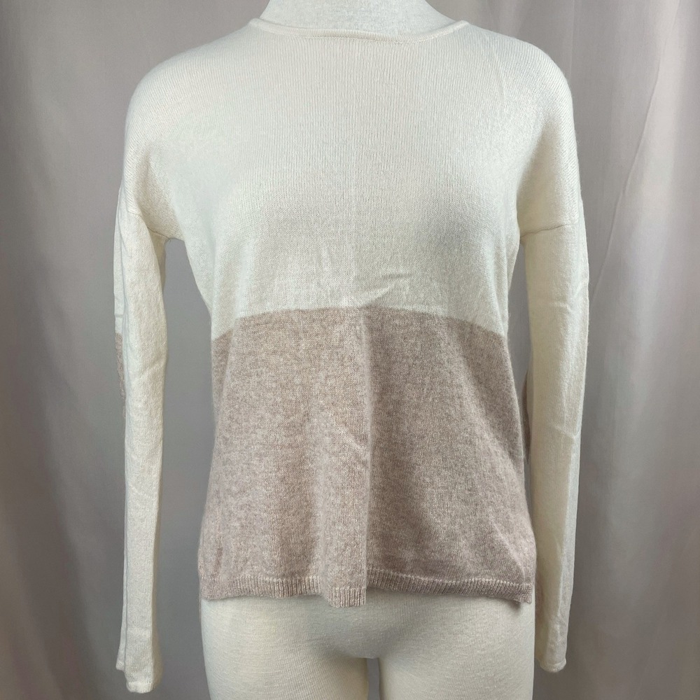 Womens 100% Cashmere (M) ONLY MINE Color Block Cream Sweater Elbow Patch Boxy‎